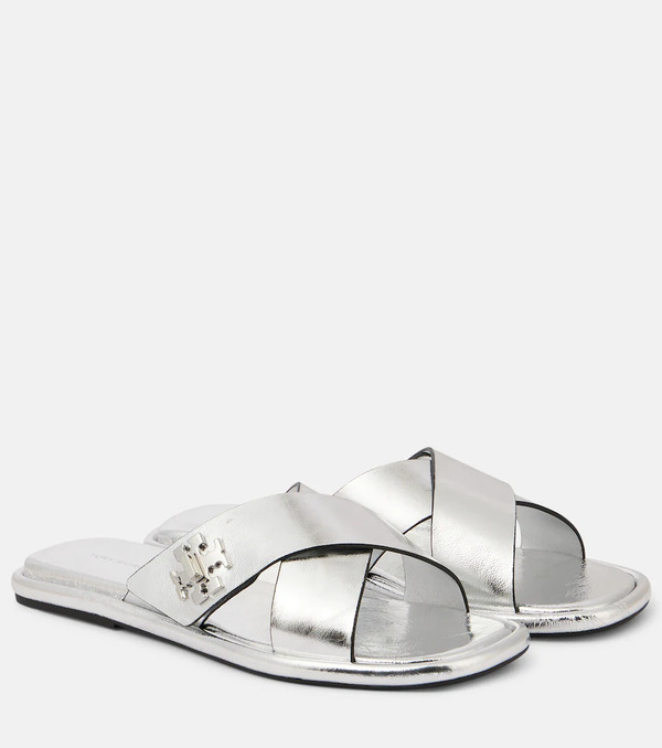  Tory Burch Tory Burch T Lock Metallic Leather Slides 