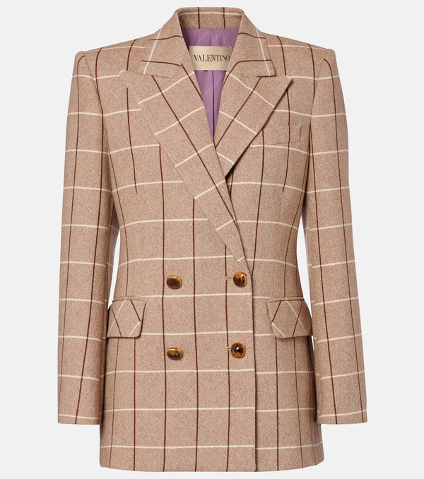  Valentino Valentino Checked Double-breasted Virgin Wool Blazer 