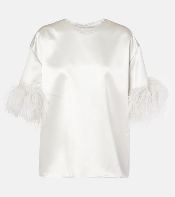  Valentino Valentino Feather-trimmed Silk Satin Top 