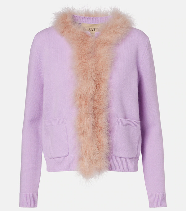  Valentino Valentino Feather-trimmed Virgin Wool Cardigan 