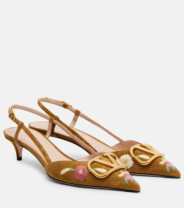  Valentino Garavani Valentino Garavani Vlogo 40 Embroidered Suede Slingback Pumps 