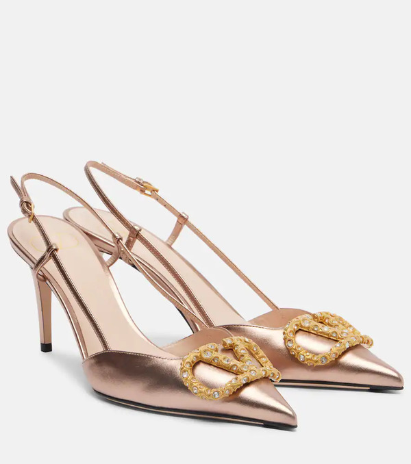  Valentino Garavani Valentino Garavani Vlogo Metallic Leather Slingback Pumps 