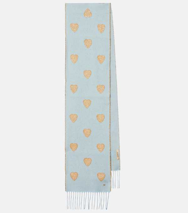  Valentino Valentino Heart Fringed Wool-blend Scarf 