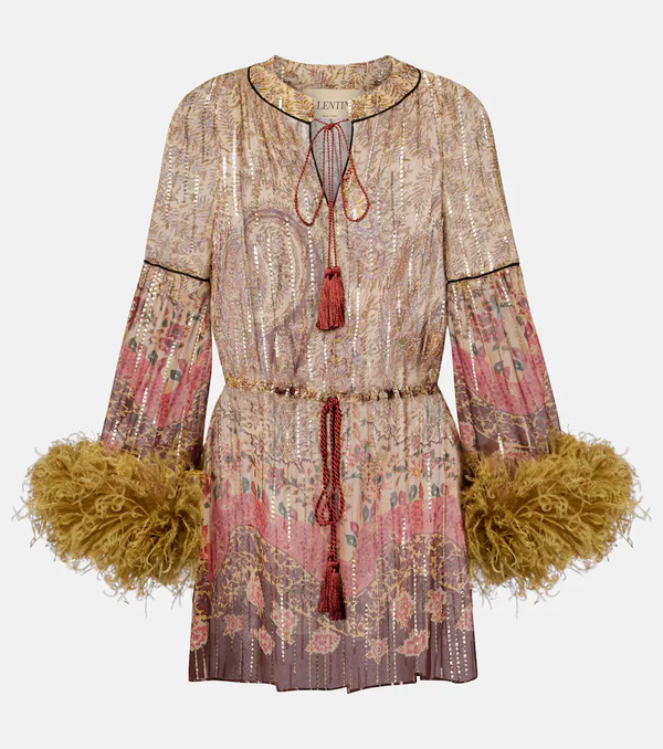  Valentino Valentino Paisley Feather-trimmed Silk-blend Blouse 