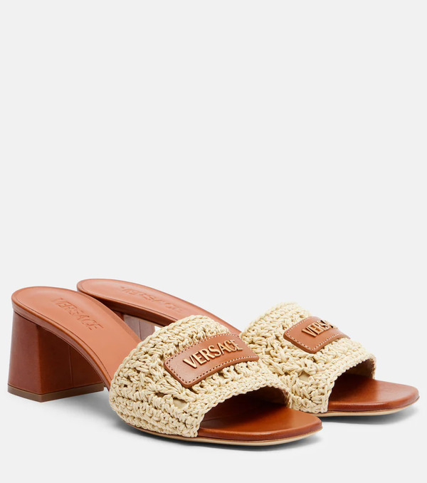  Versace Versace Logo Raffia And Leather Mules 