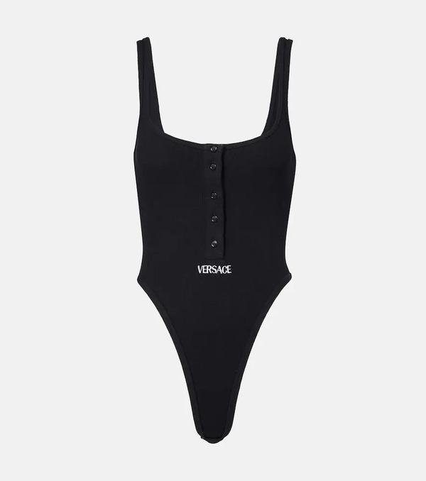 Versace Versace Ribbed-knit Logo Cotton-blend Bodysuit 