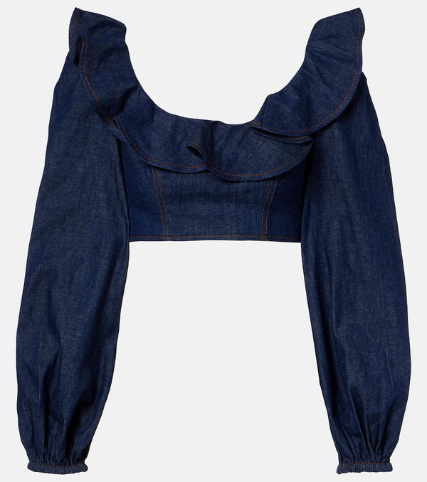  Zimmermann Zimmermann Aster Ruffled Denim Crop Top 