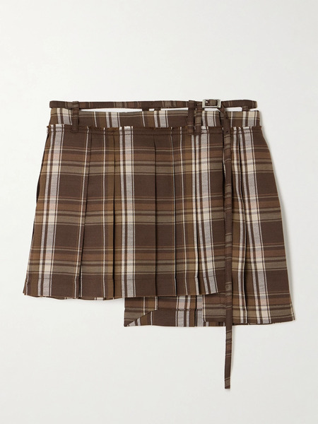  Acne Studios   Belted Asymmetric Pleated Checked Wool Blend Mini Skirt   Brown 