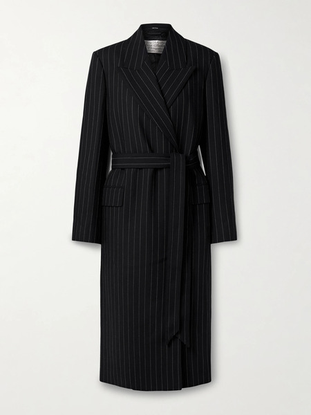  Acne Studios   Belted Pinstriped Wool Coat   Black 