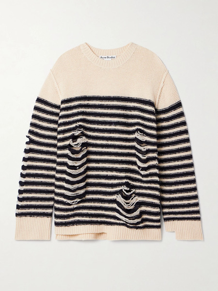  Acne Studios   Distressed Striped Wool Blend Sweater   Cream 