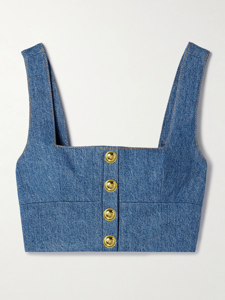  Adam Lippes   Quinn Button Embellished Cropped Denim Top   Mid Denim 