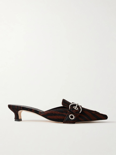  Aeyde   Danielle Buckle Embellished Zebra Print Pony Hair Mules   Chocolate 