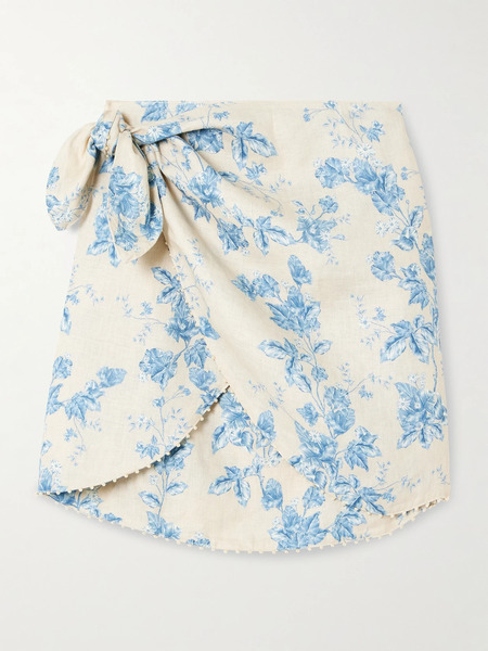  Agua By Agua Bendita   Agustina Bougainvillea Faux Pearl Embellished Floral Print Linen Pareo   Blue 