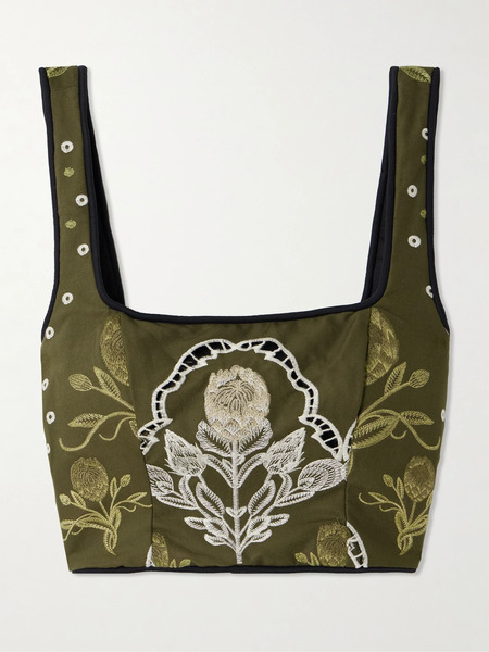  Agua By Agua Bendita   Amanda Relato Cropped Embroidered Piped Cotton Blend Poplin Bustier Top   Green 