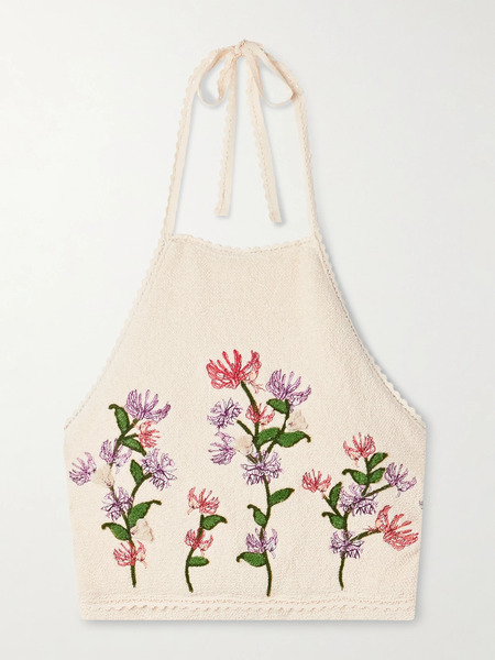  Agua By Agua Bendita   Carlota Honeysuckle Cropped Appliquéd Embroidered Cotton Blend Bouclé Halterneck Top   Cream 