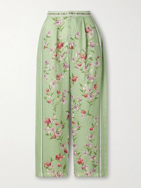  Agua By Agua Bendita   Florecer Honeysuckle Pleated Embroidered Floral Print Linen Tapered Pants   Green 