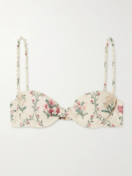  Agua By Agua Bendita   Magdalena Orquidea Faux Pearl Embellished Floral Print Recycled Underwired Bikini Top   Cream 