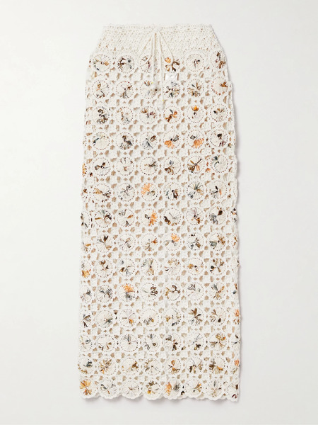  Agua By Agua Bendita   + Net Sustain Arroyo Caracola Embellished Printed Crepe And Crocheted Cotton Midi Skirt   White 