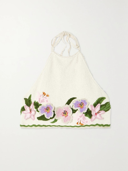  Agua By Agua Bendita   + Net Sustain Carlota Flora Cropped Appliquéd Cotton Blend Bouclé Halterneck Top   White 
