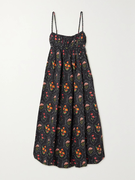  Agua By Agua Bendita   + Net Sustain Limonaria Oasis Open Back Floral Print Organic Cotton Poplin Midi Dress   Black 