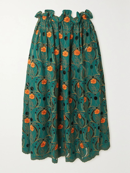  Agua By Agua Bendita   + Net Sustain Regina Ruffled Embroidered Broderie Anglaise Organic Cotton Midi Skirt   Green 