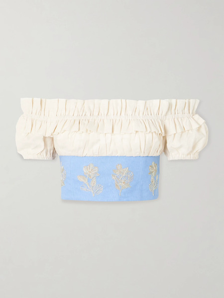  Agua By Agua Bendita   Pimienta Madera Cropped Off The Shoulder Ruffled Embroidered Linen Top   Blue 