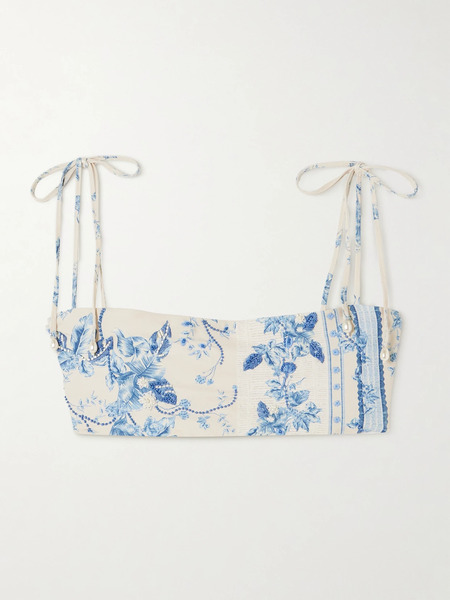  Agua By Agua Bendita   Primavera Bougainvillea Faux Pearl And Bead Embellished Floral Print Recycled Bikini Top   Blue 