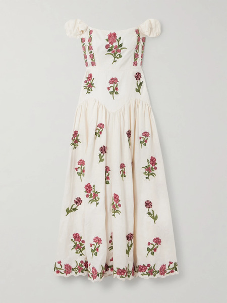  Agua By Agua Bendita   Siembra Off The Shoulder Appliquéd Embroidered Printed Linen Maxi Dress   Cream 
