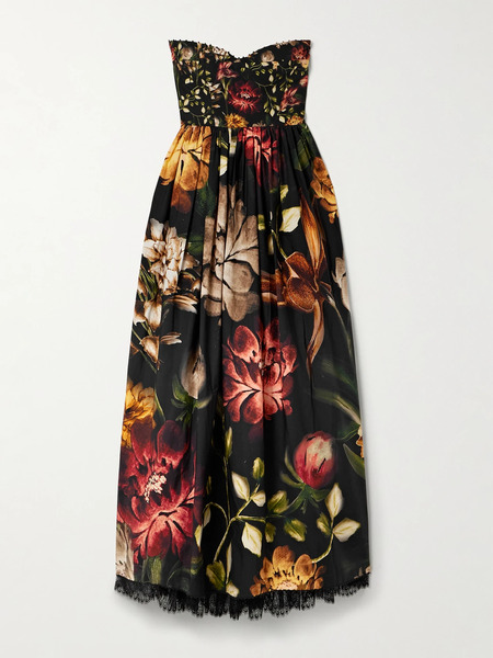  Agua By Agua Bendita   Tonia Paramo Strapless Lace Trimmed Embellished Floral Print Cotton Poplin Midi Dress   Black 
