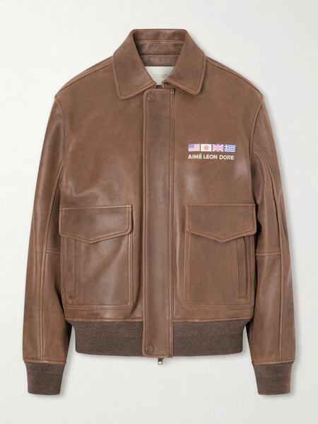  Aimé Leon Dore   World's Borough Printed Leather Jacket   Brown 