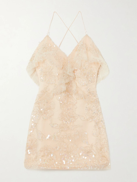  Aje   Iridescence Ruffled Beaded Tulle Mini Dress   Cream 
