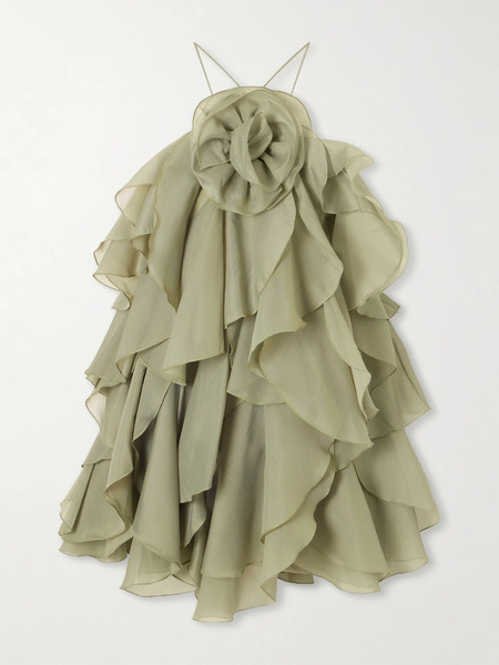  Aje   Pandorea Appliquéd Ruffled Layered Chiffon Mini Dress   Green 