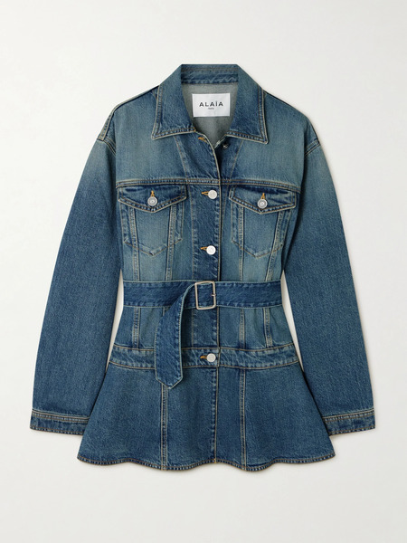  Alaïa   Belted Denim Peplum Jacket   Blue 