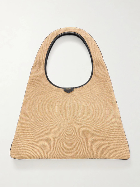  Alaïa   Leather Trimmed Paper Straw Shoulder Bag   Camel 