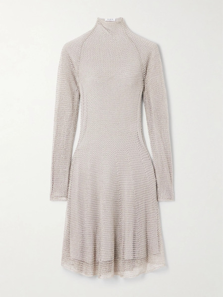  Alaïa   Metallic Open Knit Turtleneck Mini Dress   Silver 