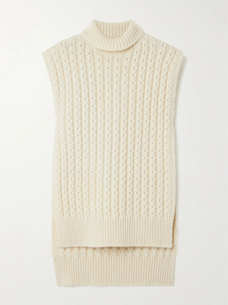  Alaïa   Oversized Belted Ribbed Wool Turtleneck Sweater Vest   Ivory 