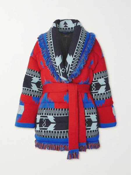  Alanui   Icon Belted Fringed Quilted Wool Jacquard Down Jacket   Red 