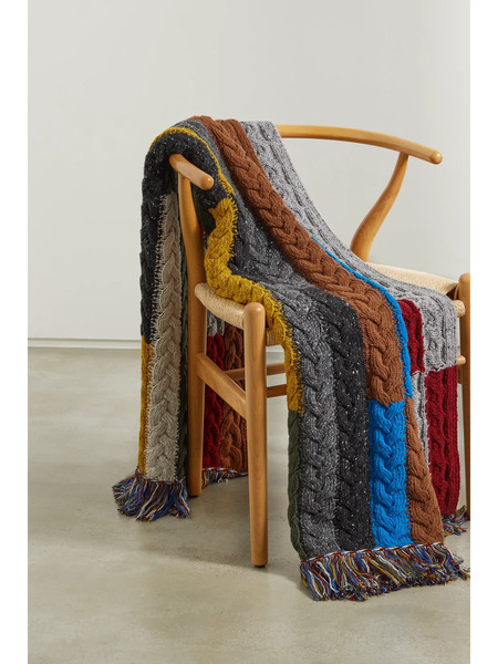  Alanui   Tierra Del Fuego Fringed Striped Cable Knit Wool And Cashmere Blend Blanket   Yellow 