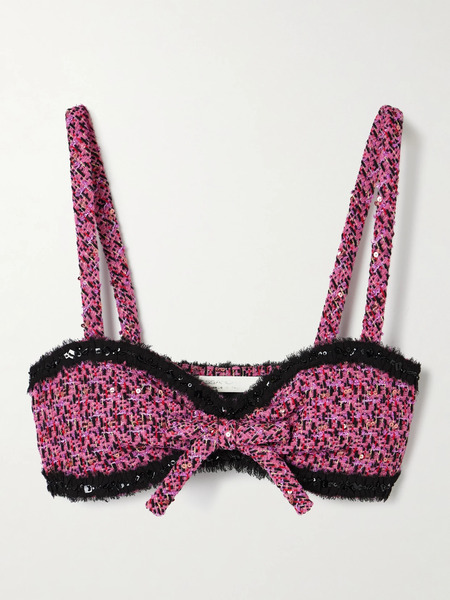  Alessandra Rich   Embellished Frayed Chiffon Trimmed Metallic Tweed Bralette   Pink 