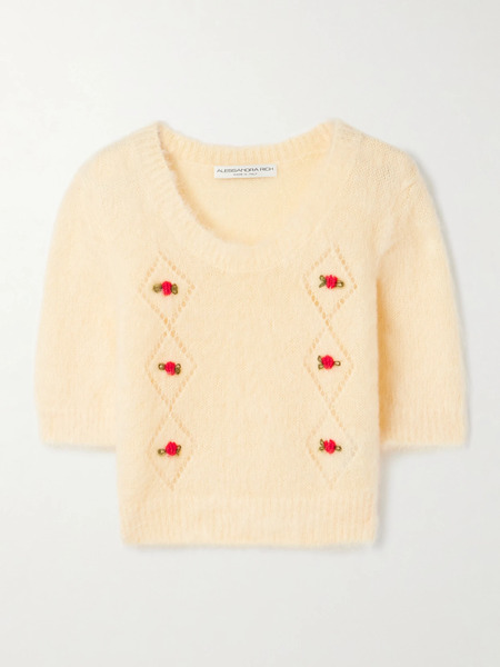  Alessandra Rich   Embroidered Pointelle Knit Mohair Blend Sweater   Yellow 