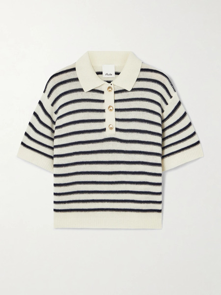  Allude   Striped Wool And Cashmere Blend Polo Sweater   Navy 