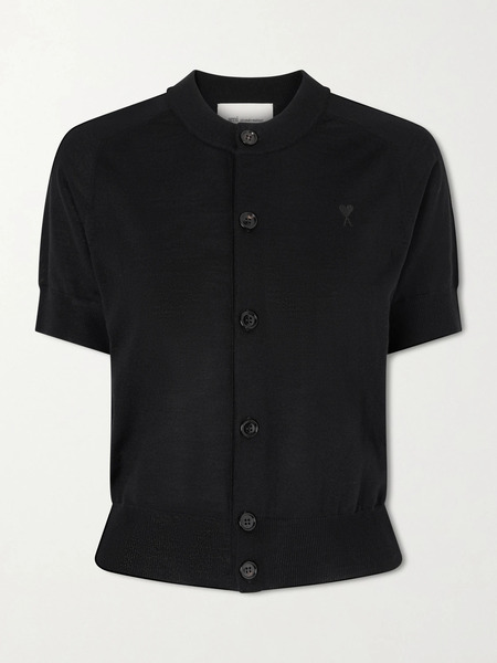  Ami Paris   Embroidered Merino Wool Cardigan   Black 