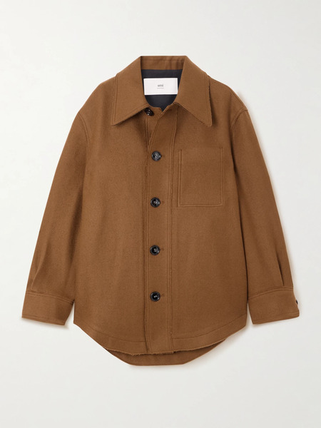  Ami Paris   Frayed Wool Twill Overshirt   Dark Brown 