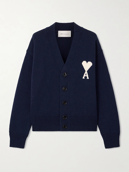  Ami Paris   Intarsia Knit Wool And Cotton Blend Cardigan   Navy 