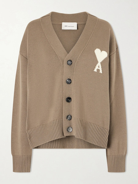  Ami Paris   Intarsia Wool And Cotton Blend Cardigan   Beige 