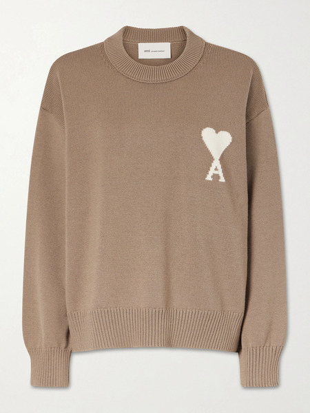  Ami Paris   Intarsia Wool And Cotton Blend Sweater   Taupe 