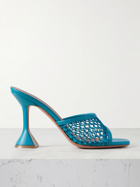  Amina Muaddi   Lupita Fishnet And Leather Mules   Turquoise 