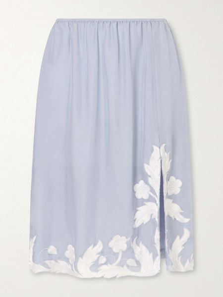  Anna Sui   Embroidered Silk Satin Midi Skirt   Blue 