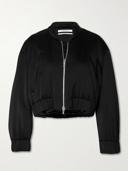  Another Tomorrow   Cropped Satin Bomber Jacket   Black 