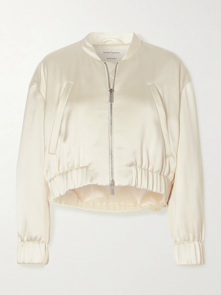  Another Tomorrow   Cropped Satin Bomber Jacket   Cream 